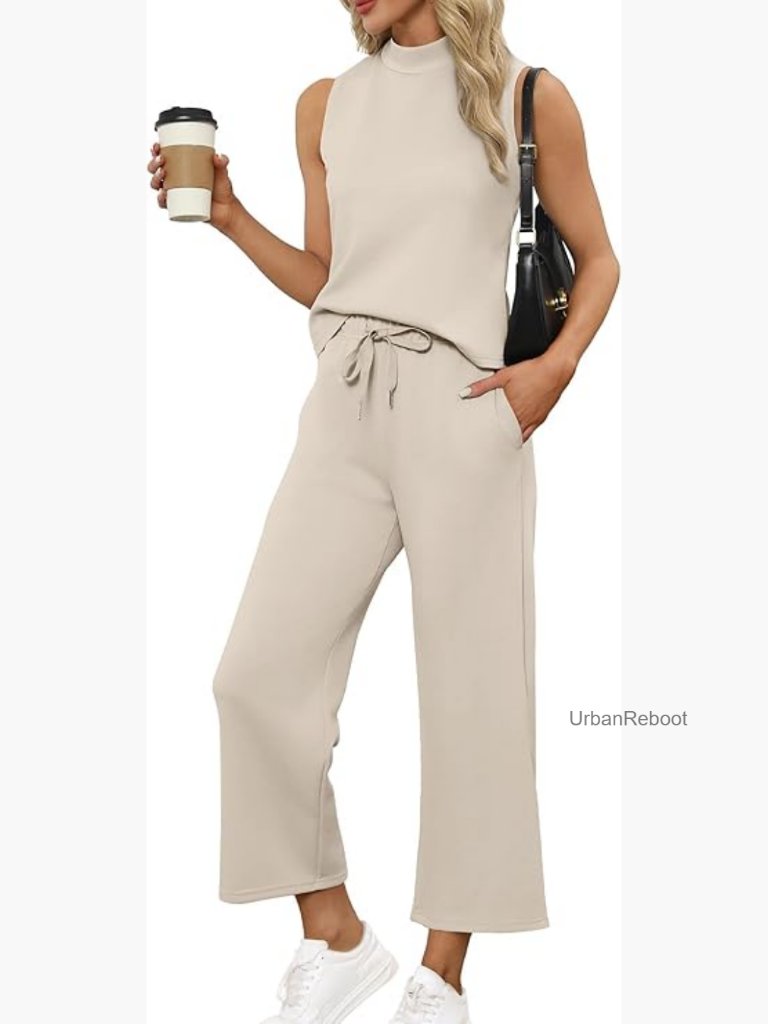 Two Piece Lounge Set Mock Neck Top Wide Leg Crop Pants Travel Outfit